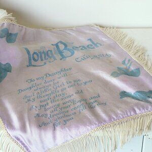 Vintage 1940s Pillowcase, Long Beach CA Souvenir Purple Satin with Fringe, Cover